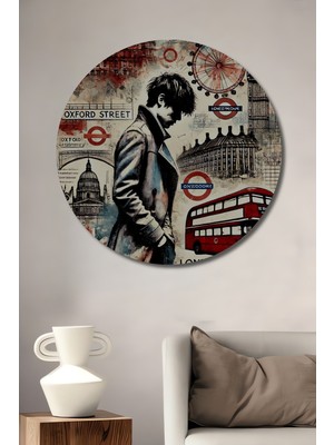 Teona Ahşap Londra Gezgin Karakalem Görünümlü Ahşap Dekoratif Tablo Yuvarlak Duvar Tablosu