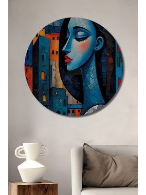 Teona Ahşap Mavi Yüzlü Kadın Şehir Manzarası Sulu Boya Görünümlü Ahşap Dekoratif Tablo Yuvarlak Duvar Tablosu