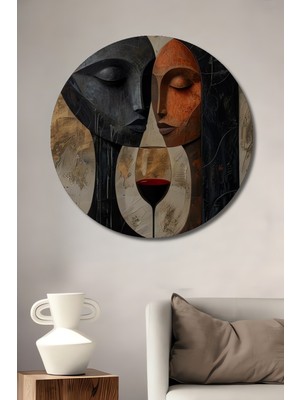 Teona Ahşap Soyut Aşkın Şarabı Yağlı Boya Görünümlü Ahşap Dekoratif Tablo Yuvarlak Duvar Tablosu
