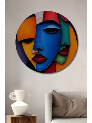 Teona Ahşap Soyut Iki Yüzlü Portre Yağlı Boya Görünümlü Ahşap Dekoratif Tablo Yuvarlak Duvar Tablosu
