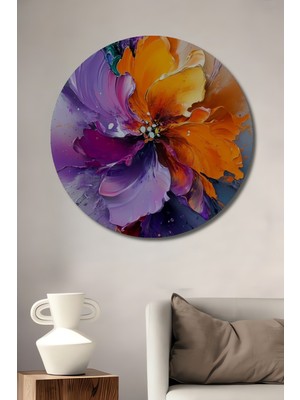 Teona Ahşap Canlı Renk Patlaması Yağlı Boya Görünümlü Soyut Çiçek Ahşap Dekoratif Tablo Yuvarlak Duvar Tablosu