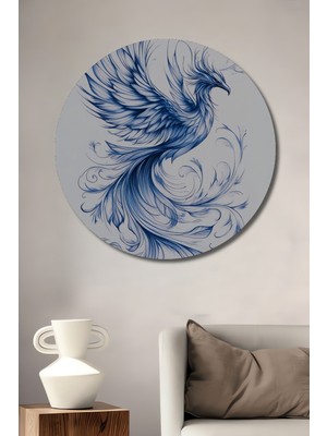 Teona Ahşap Mavi Kanatlı Anka Kuşu Sulu Boya Görünümlü Sanat Tablosu Ahşap Dekoratif Tablo Yuvarlak Duvar Tablosu
