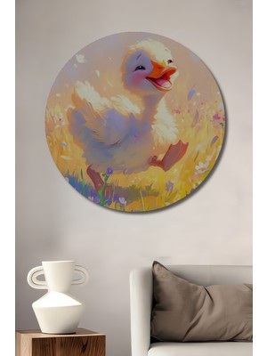 Teona Ahşap Sevimli Civciv Sulu Boya Görünümlü Ahşap Dekoratif Tablo Yuvarlak Duvar Tablosu