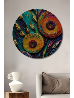 Teona Ahşap Soyut Yağlı Boya Görünümlü Çiçek Sanat Dekoratif Ahşap Tablo Yuvarlak Duvar Tablosu
