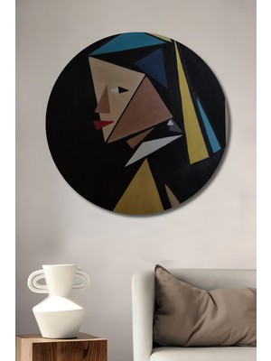 Teona Ahşap Geometrik Portre Yağlı Boya Görünümlü Ahşap Dekoratif Tablo Yuvarlak Duvar Tablosu
