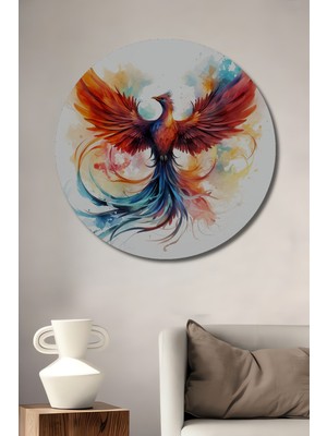 Teona Ahşap Alev Kanası Anka Kuşu Sulu Boya Görünümlü Ahşap Dekoratif Tablo Yuvarlak Duvar Tablosu