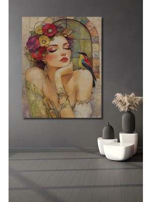 Teona Ahşap Bohem Çiçek Taclı Kadın ve Renkli Kuş Sulu Boya Görünümlü Ahşap Dekoratif Ev,antre,salon Tablo