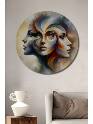 Teona Ahşap Soyut Iki Yüzlü Portre Yağlı Boya Görünümlü Dekoratif Ahşap Tablo Yuvarlak Duvar Tablosu