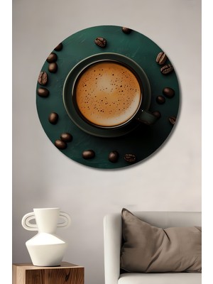 Teona Ahşap Kahve Keyfi Yağlı Boya Görünümlü Ahşap Dekoratif Tablo Yuvarlak Duvar Tablosu