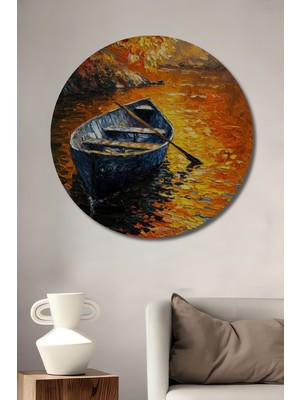 Teona Ahşap Tekne ve Sonbahar Renkleri Yağlı Boya Görünümlü Ahşap Dekoratif Tablo Yuvarlak Duvar Tablosu