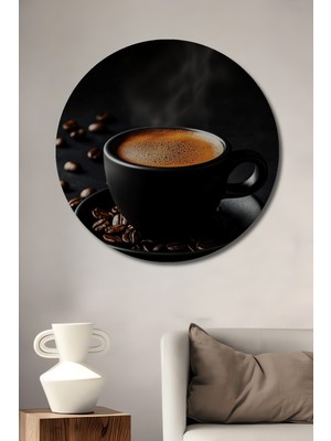 Teona Ahşap Sıcak Espresso Keyfi Yağlı Boya Görünümlü Ahşap Dekoratif Tablo Yuvarlak Duvar Tablosu