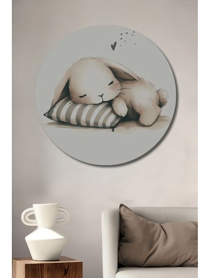 Teona Ahşap Sevimli Uyuyan Tavşan Sulu Boya Görünümlü Ahşap Dekoratif Tablo Yuvarlak Duvar Tablosu