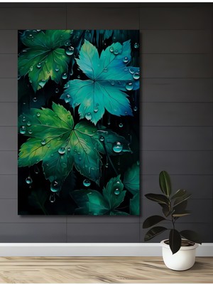Teona Ahşap Yağlı Boya Görünümlü Su Damlalı Yapraklar Ahşap Dekoratif Ev,antre,salon,ofis,mutfak Tablo