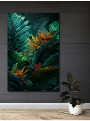 Teona Ahşap Tropik Yapraklar ve Turuncu Çiçekler Yağlı Boya Görünümlü Ahşap Dekoratif Ev,antre,salon Tablo