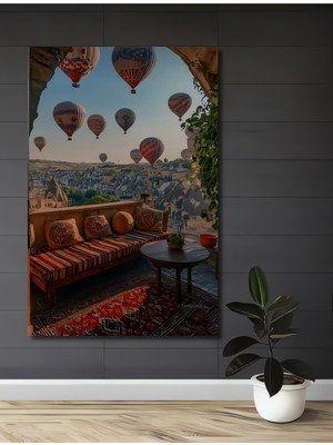 Teona Ahşap Sihirli Balonlar Eşliğinde Kapadokya Manzarası Yağlı Boya Görünümlü Dekoratif Ahşap Tablo