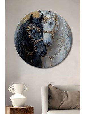 Teona Ahşap Zarif Siyah Beyaz Atlar Yağlı Boya Görünümlü Ahşap Dekoratif Tablo Yuvarlak Duvar Tablosu