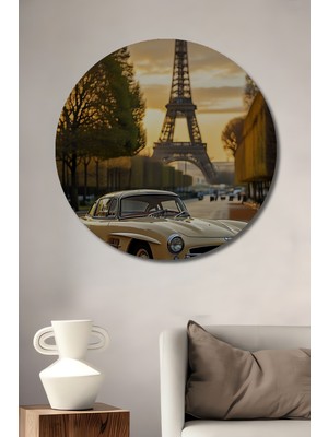 Teona Ahşap Klasik Mercedes 300SL Eyfel Kulesi Manzaralı Ahşap Dekoratif Tablo Yuvarlak Duvar Tablosu