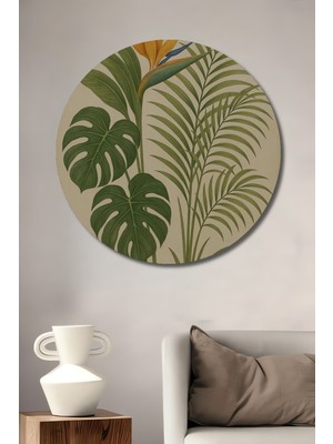 Teona Ahşap Tropikal Cennet Çiçeği ve Yaprakları Yağlı Boya Görünümlü Ahşap Dekoratif Tablo Yuvarlak Duvar Tablosu