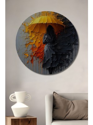 Teona Ahşap Sarı Şemsiyeli Kadın Soyut Sanat Ahşap Dekoratif Tablo Yuvarlak Duvar Tablosu