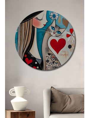 Teona Ahşap Şık Kadın ve Sevimli Kedi Sulu Boya Görünümlü Ahşap Dekoratif Tablo Yuvarlak Duvar Tablosu