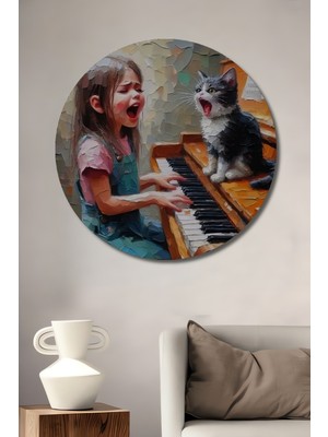 Teona Ahşap Müzik Aşkı Çocuk ve Kedi Yağlı Boya Görünümlü Dekoratif Ahşap Tablo Yuvarlak Duvar Tablosu