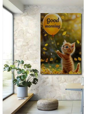 Teona Ahşap Sevimli Yavru Kedi ve Balon Yağlı Boya Görünümlü Dekoratif Ahşap Ev,antre,salon,ofis,mutfak Tablo