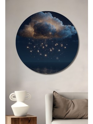 Teona Ahşap Yıldız Yağmuru Bulutu Dekoratif Ahşap Tablo Yuvarlak Duvar Tablosu