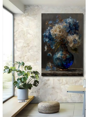 Teona Ahşap Mavi ve Beyaz Ortanca Çiçekleri Yağlı Boya Görünümlü Ahşap Dekoratif Ev,antre,salon,ofis Tablo