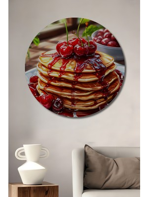 Teona Ahşap Lezzetli Kirazlı Krep Tabağı Yağlı Boya Görünümlü Ahşap Dekoratif Tablo Yuvarlak Duvar Tablosu