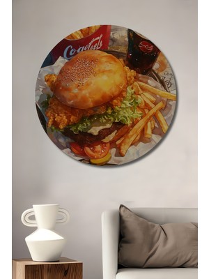 Teona Ahşap Lezzetli Burger ve Patates Sulu Boya Görünümlü Ahşap Dekoratif Tablo Yuvarlak Duvar Tablosu