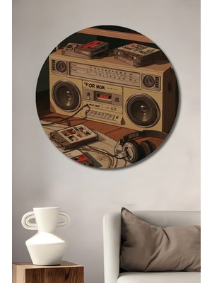 Teona Ahşap Retro Kaset Çalar ve Müzik Aletleri Yağlı Boya Görünümlü Ahşap Dekoratif Tablo Yuvarlak Duvar Tablosu