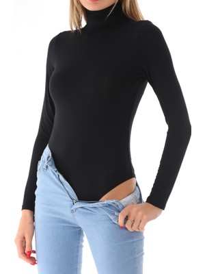 Penye Bizden Kadın Viskon Tam Balıkçı Yaka Çıtçıtlı Zıbın Body-Siyah