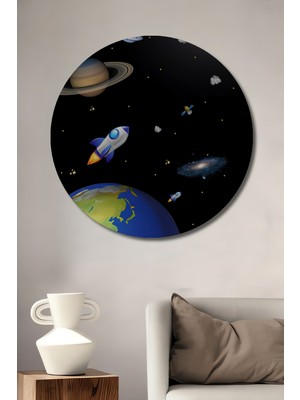 Teona Ahşap Uzay Macerası Pastel Boya Görünümlü Ahşap Dekoratif Tablo Yuvarlak Duvar Tablosu