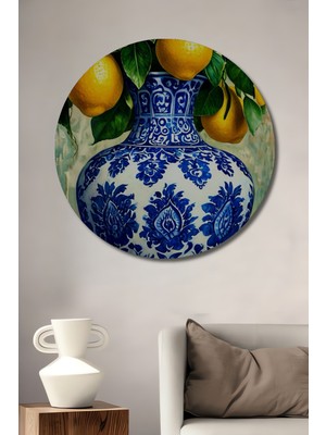 Teona Ahşap Canlı Limonlar ve Klasik Vazo Yağlı Boya Görünümlü Ahşap Dekoratif Tablo Yuvarlak Duvar Tablosu