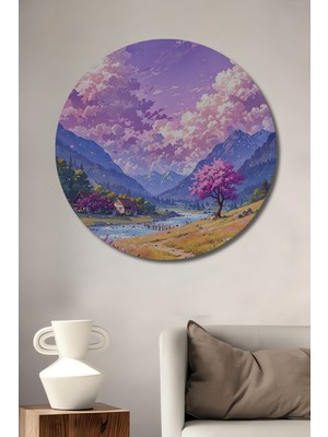 Teona Ahşap Masalsı Vadi Manzarası Yağlı Boya Görünümlü Ahşap Dekoratif Tablo Yuvarlak Duvar Tablosu
