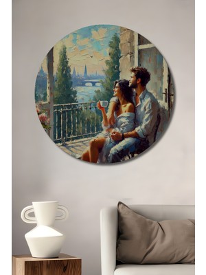 Teona Ahşap Balkon Aşkı Yağlı Boya Görünümlü Ahşap Dekoratif Tablo Yuvarlak Duvar Tablosu