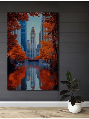 Teona Ahşap Chicago Ikonik Saat Kulesi Suluboya Görünümlü Dekoratif Ahşap Ev,antre,salon,ofis,mutfak Tablo