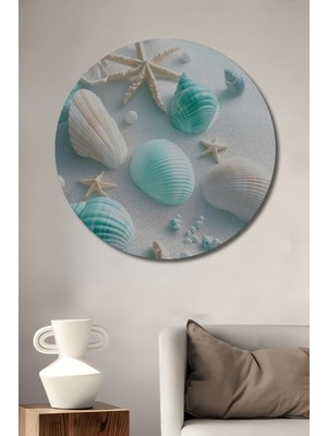 Teona Ahşap Deniz Kabuğu ve Deniz Yıldızı Yağlı Boya Görünümlü Ahşap Dekoratif Tablo Yuvarlak Duvar Tablosu