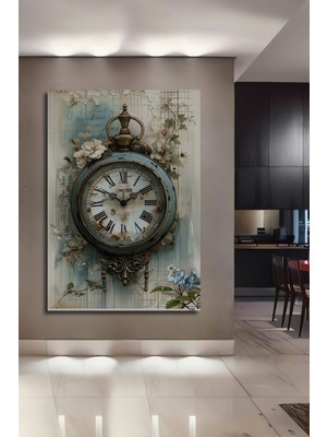 Teona Ahşap Antika Mavi Kadranlı Cep Saati Sulu Boya Görünümlü Dekoratif Ahşap Ev,antre,salon,ofis,mutfak Tablo