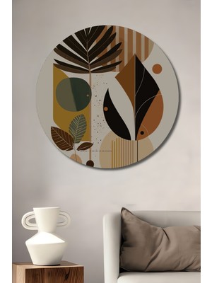 Teona Ahşap Soyut Yaprak Formları Yağlı Boya Görünümlü Ahşap Dekoratif Tablo Yuvarlak Duvar Tablosu
