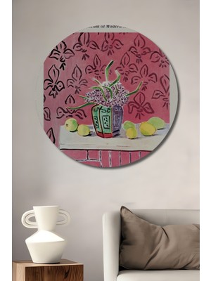 Teona Ahşap Matisse Sulu Boya Görünümlü Vazoda Limonlar Ahşap Dekoratif Tablo Yuvarlak Duvar Tablosu