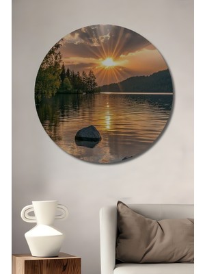 Teona Ahşap Gün Batımı Huzur Işıltıları Yağlı Boya Görünümlü Ahşap Dekoratif Tablo Yuvarlak Duvar Tablosu
