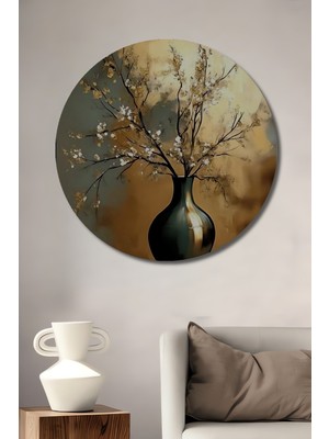 Teona Ahşap Altın Çiçekli Vazo Yağlı Boya Görünümlü Modern Sanat Ahşap Dekoratif Tablo Yuvarlak Duvar Tablosu