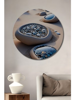 Teona Ahşap Sahil Güneş Işıltısı Taş Havuzlu Soyut Sanat Ahşap Dekoratif Tablo Yuvarlak Duvar Tablosu