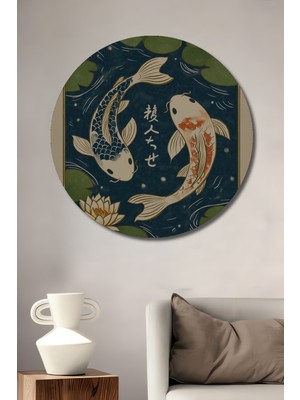 Teona Ahşap Japon Koi Balığı ve Lotus Çiçeği Yağlı Boya Görünümlü Dekoratif Ahşap Tablo Yuvarlak Duvar Tablosu
