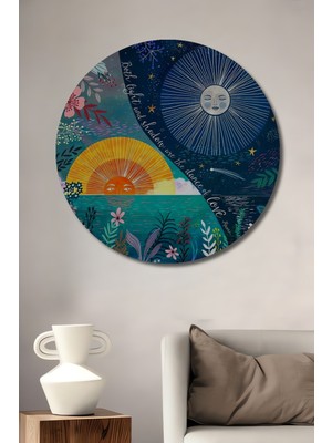 Teona Ahşap Bohem Sanat Sulu Boya Görünümlü Güneş Ay Tablo Dekoratif Ahşap Tablo Yuvarlak Duvar Tablosu
