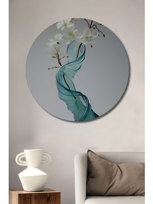 Teona Ahşap Sonsuz Zarafet Beyaz Çiçekli Cam Vazo Ahşap Dekoratif Tablo Yuvarlak Duvar Tablosu