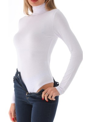 Penye Bizden Kadın Viskon Tam Balıkçı Yaka Çıtçıtlı Zıbın Body-Beyaz