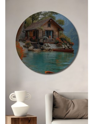 Teona Ahşap Doğa Manzaralı Ahşap Ev ve Tekne Tablosu Yağlı Boya Görünümlü Yuvarlak Duvar Tablosu