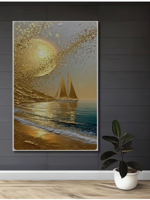 Teona Ahşap Altın Işıltılı Yelkenli Tekne Sanat Ev,antre,salon,ofis,mutfak,yatak Odası Tablosu Ahşap Dekoratif